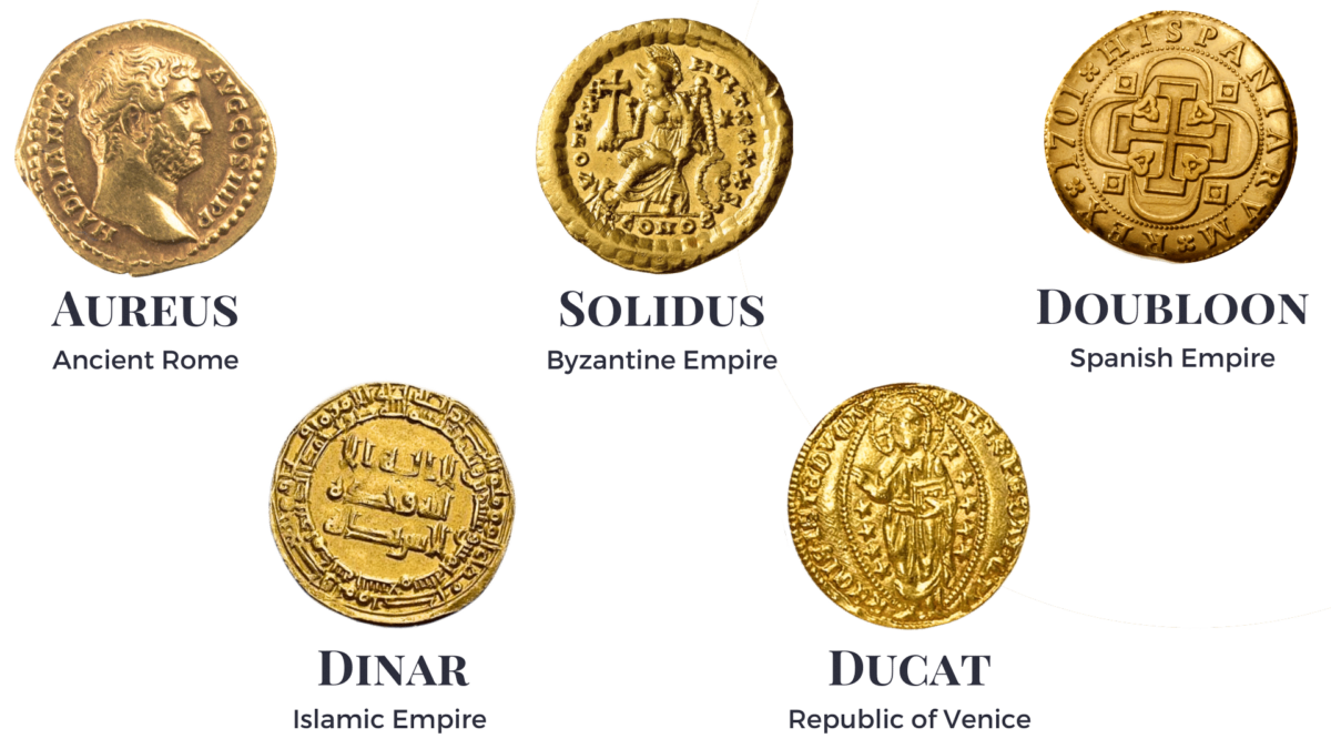 Collection of ancient gold coins: Aureus, Dinar, Solidus, Ducat, Doubloon